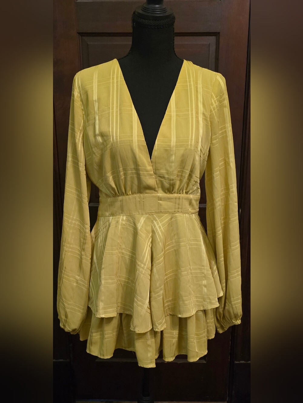 Fashion Nova Mustard Plaid V-Neck Long Sleeve Romper Dress